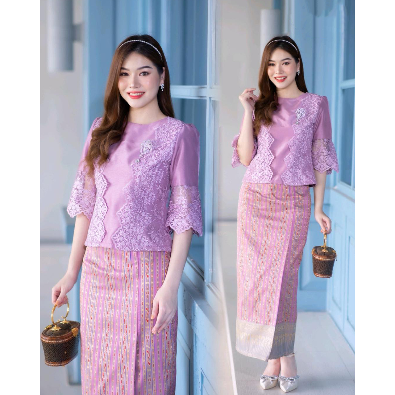 kudapy ผ้าไหมแพรทิพย์ทั้งชุดแต่งลูกไม้ฝรั่งเศส สวยงาม สง่า ลงตัว อัดกาวทั้งชุด กระโปรงผ้าไหมแพรทิพย์