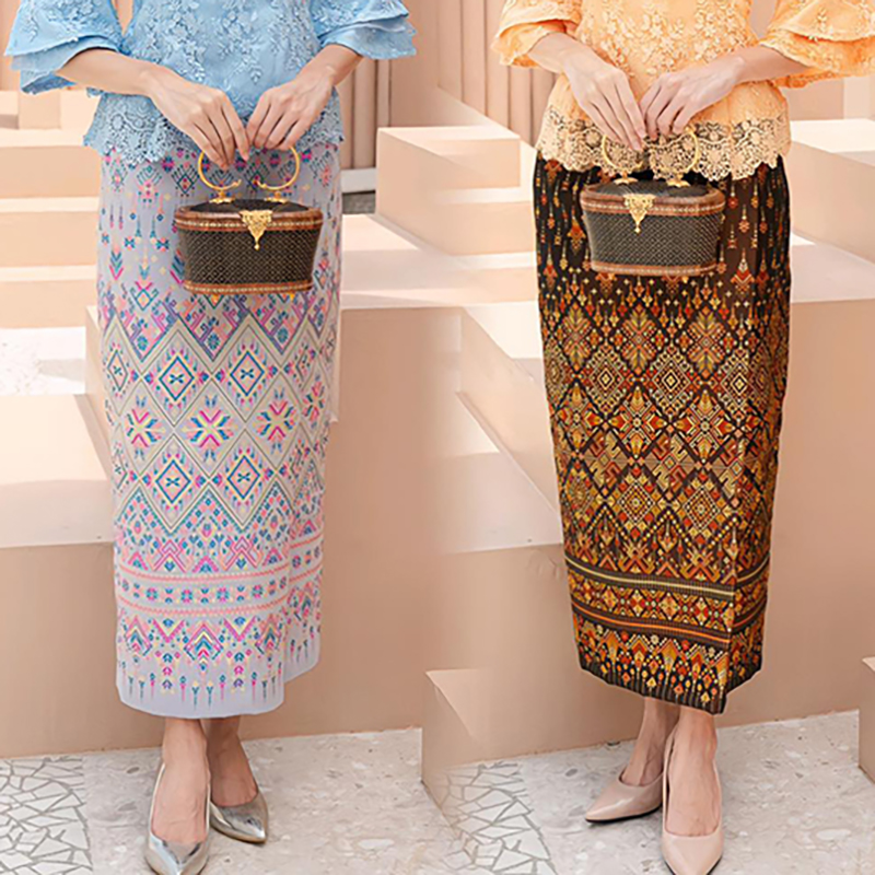 kudapy เซ็ท+เสื้อลูกไม้สีฟ้า/สีเหืองทอง ใยบวบดอกลอยเกรดพรีเมี่ยม ผ้าไหมแพรวากาฬสินทร์สำเร็จรูปอัดกาวอย่างดี