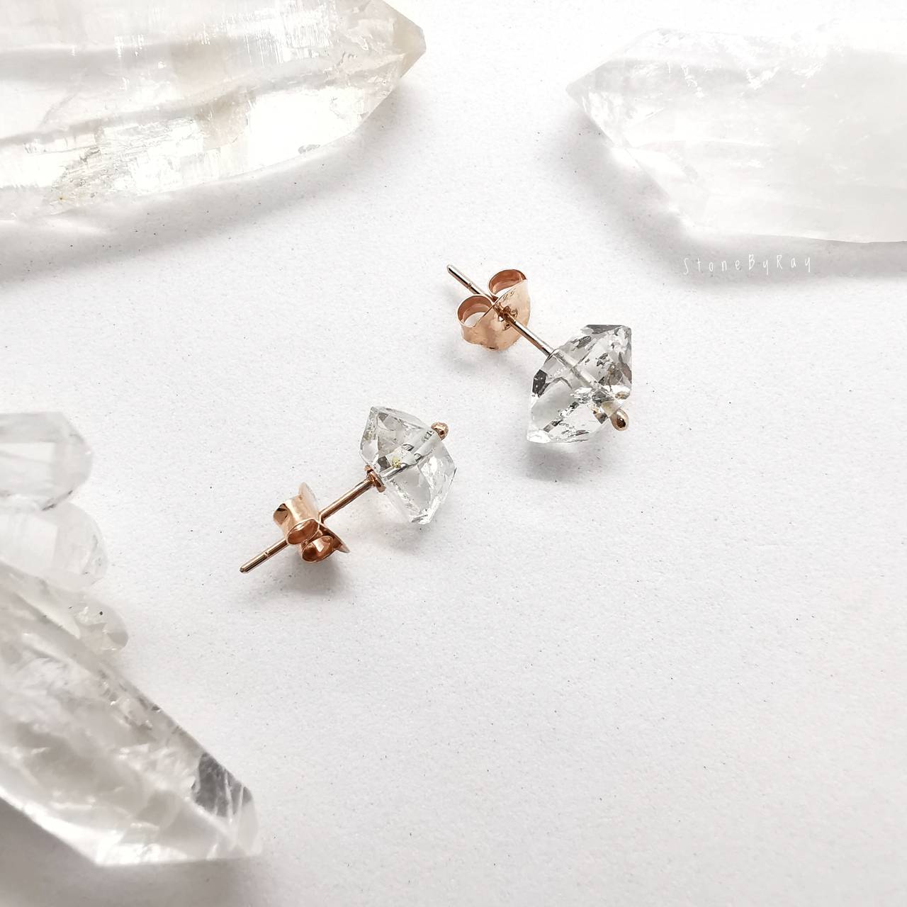 ต่างหูเงินชุบพิ้งโกลด์หินเฮอร์คิเมอร์ไดม่อน Golden Enhydro Herkimer Diamond