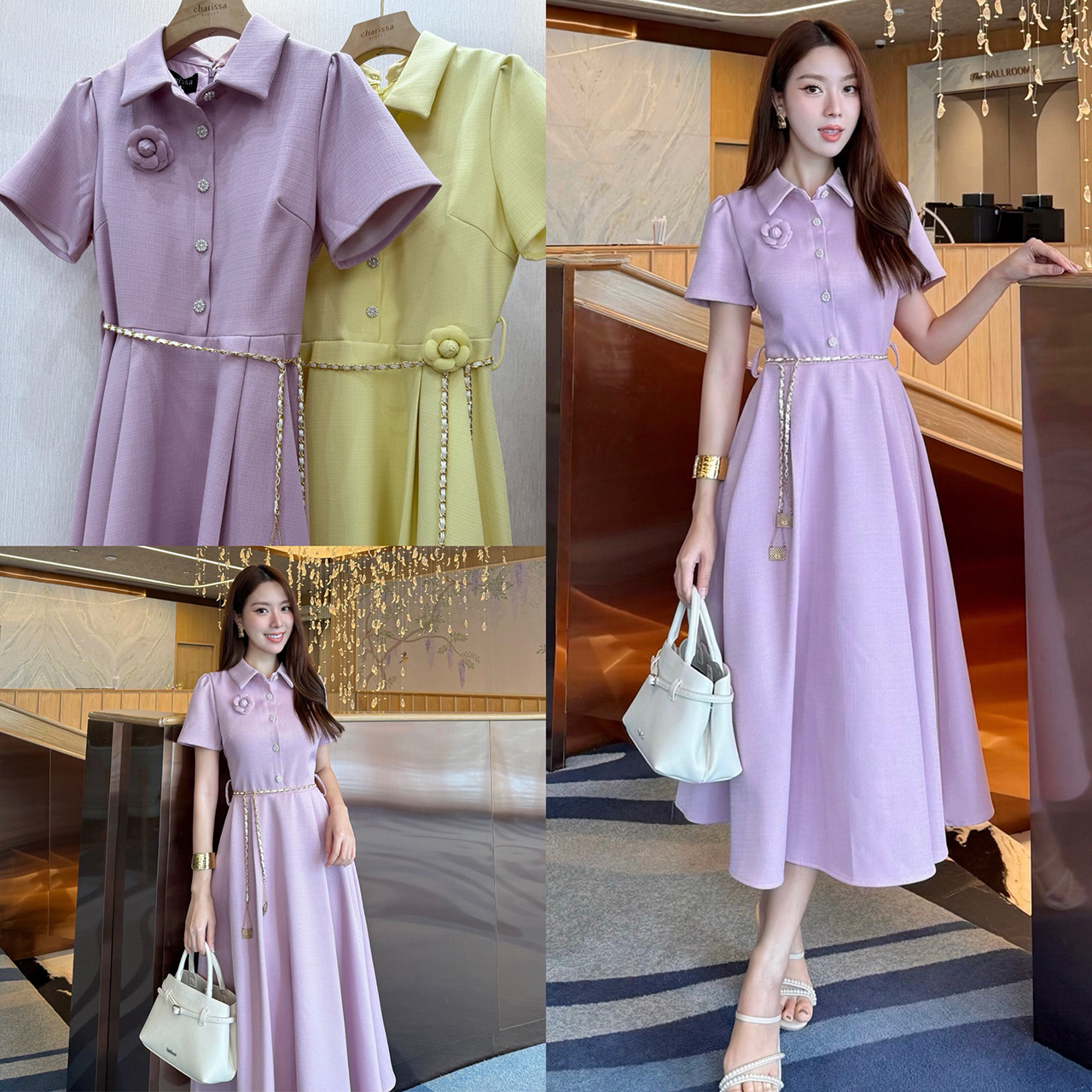 kudapy เดรสยาวสีครีม/สีฟ้า/ม่วงอ่อน/เหลืองอ่อน ผ้าทวิตญี่ปุ่นตกแต่งด้วยกระดุมดอกคามิเลีย ีซับในทั้งชุด ผ้าอัดกาวอย่างดี มาพร้อมกับเข็มขัดโซ่ และเข็มกลัดดอกไม้