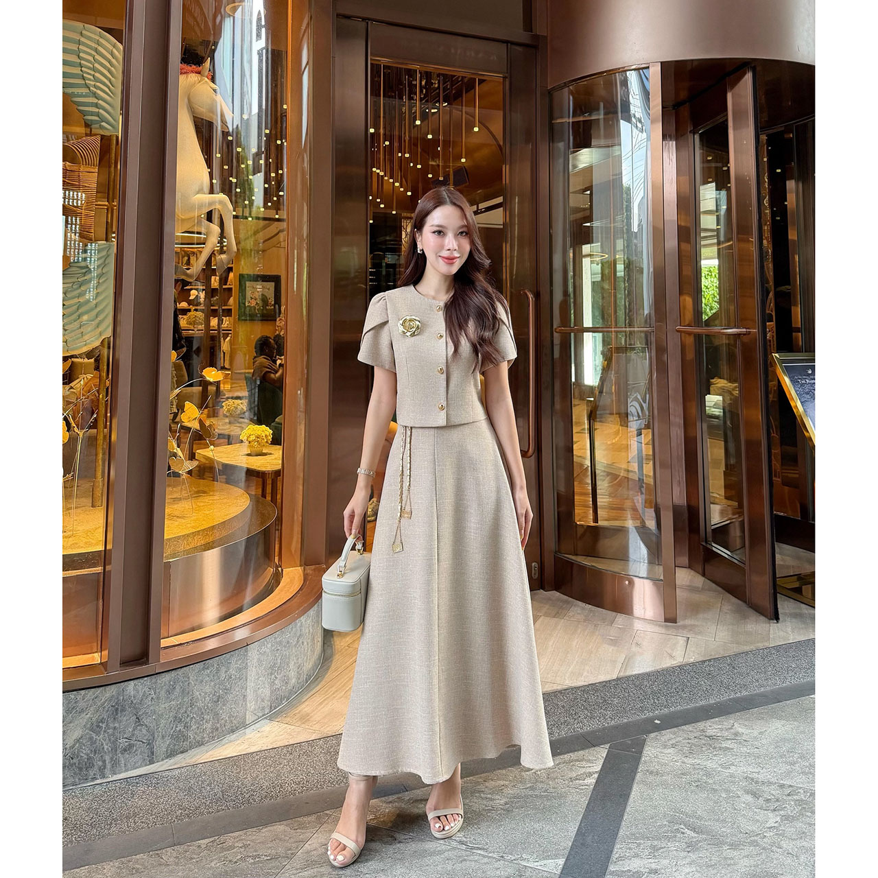 kudapy เซ็ทเสื้อแขนตุ้กตา เสื้อ กระโปรงเอวสูง เข็มกลัดดอกไม้ เข็มขัดโซ่