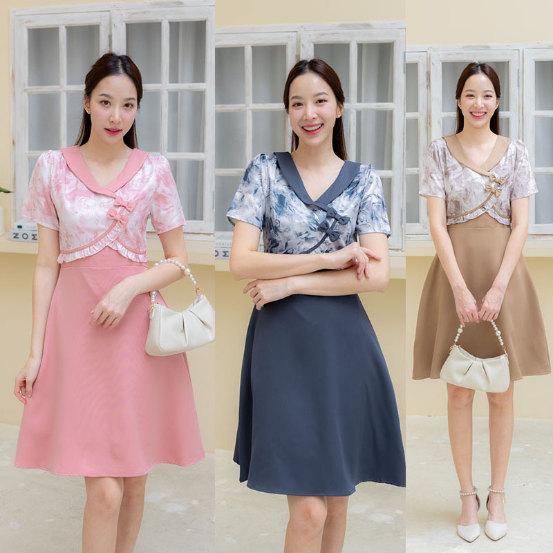 kudapy เดรสสั้นคอวีสีชมพู/สีเทา/สีน้ำตาล แขนสั้น เดรสทรงบานแต่งเสื้อลาย ติดโบว์ 2 ชิ้น S M L XL
