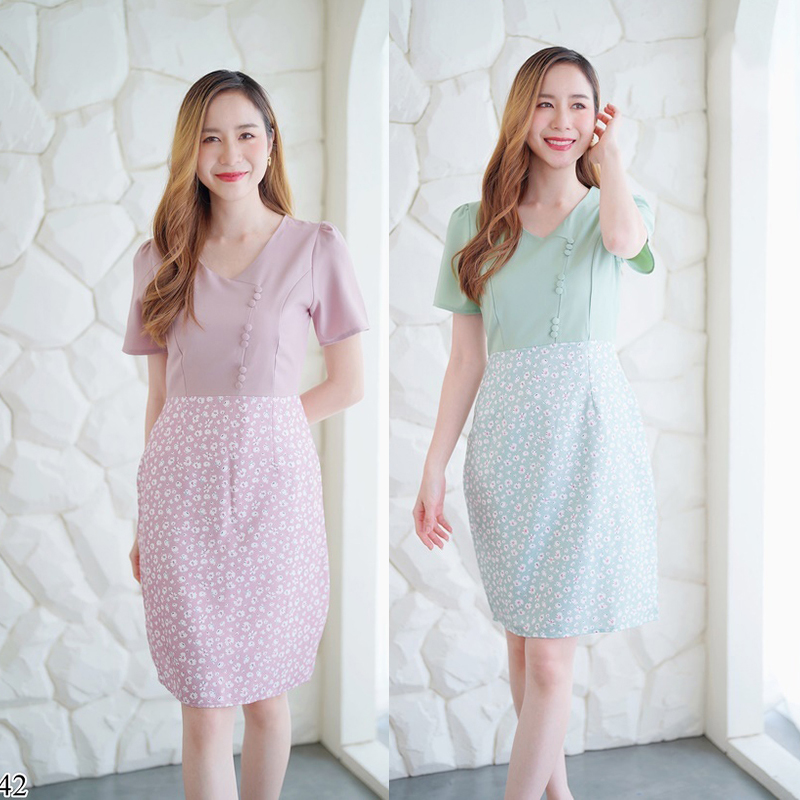 kudapy เดรสสั้นสีชมพู/สีเขียว คอวีกระโปรงลายดอก