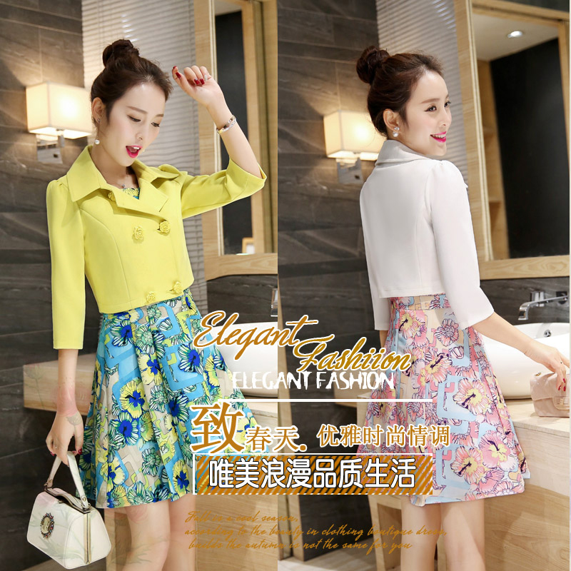 kudapy ชุดเซ็ทเสื้อสูทและเดรส สีชมพู,สีขาว,สีเขียว เสื้อสูท:ผ้าคอตตอนผสมโพลีเอสเตอร์ คอปก แขนยาวสี่ส่วน