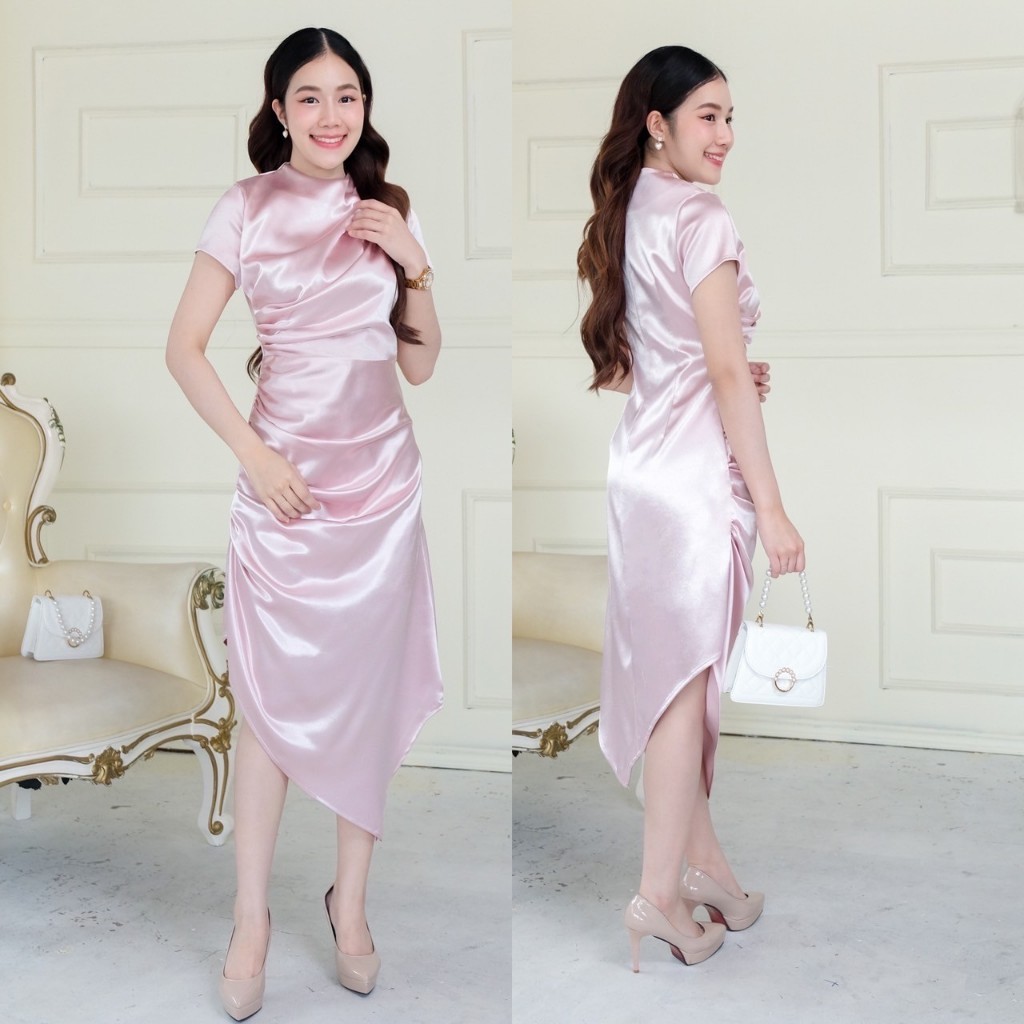 kudapy เดรสสั้นใส่ออกงานสีแดงสด แขนสั้น คอปีน ผ้าเนื้อเงา