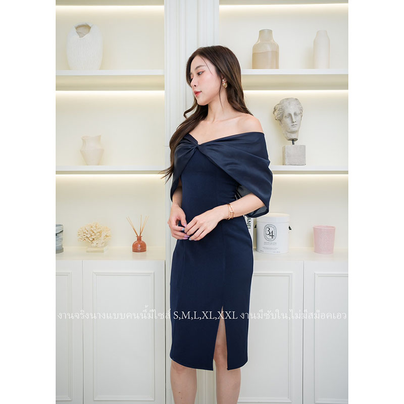 kudapy เดรสสั้นสีขาว/สีกรม ออกงานเรียบหรูปาดไหล่โบว์ออแกนดี้