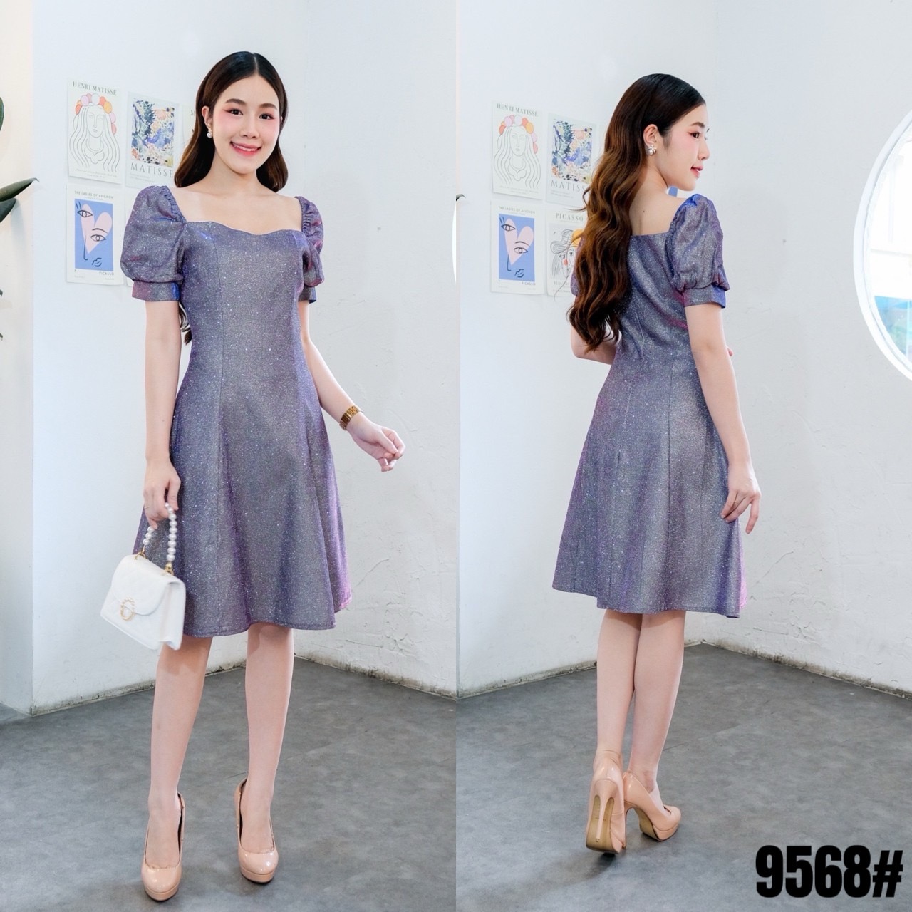 kudapy เดรสสั้นสีเทาเงิน/สีฟ้า/สีทองแชมเปญ/สีม่วงอ่อน แขนตุ๊กตา ทรงอกหัวใจ เนื้อผ้า Glitter ละเอียด สวยเด่นแต่ไม่เว่อร์ ผ้าไม่ยืด มีซับใน ไม่บาด ไม่คันผิว