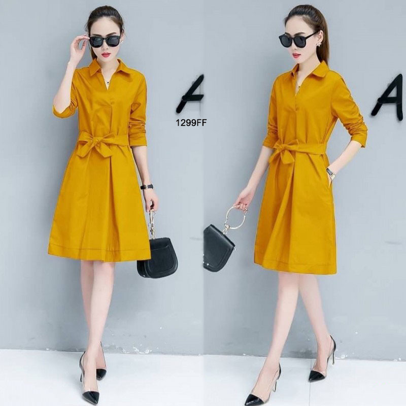 kudapy เดรสสั้นผ้าซาร่าสีพื้นปกเชิ้ต แขนศอก เอวไม่สมม๊อค มีเชือกผูกโบว์เข้ารูปสวยงาน