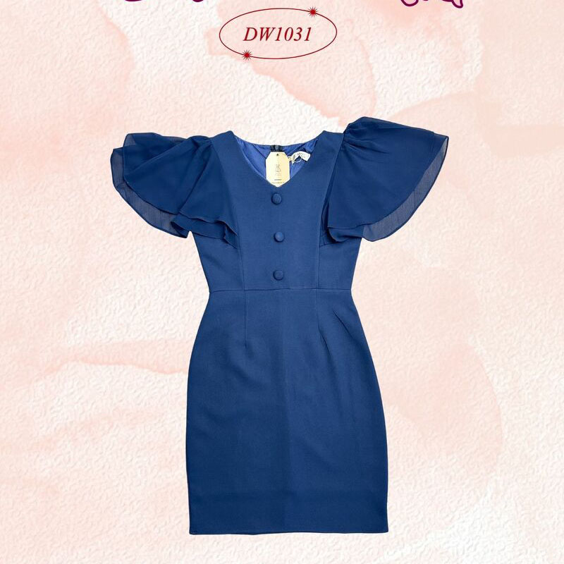 kudapy เดรสสั้นสีม่วง/สีชมพู/สีกรม สทรงเข้ารูป แต่งผ้าชีฟองช่วงแขน คอวี สีสุภาพซิปซ่อนด้านหลัง