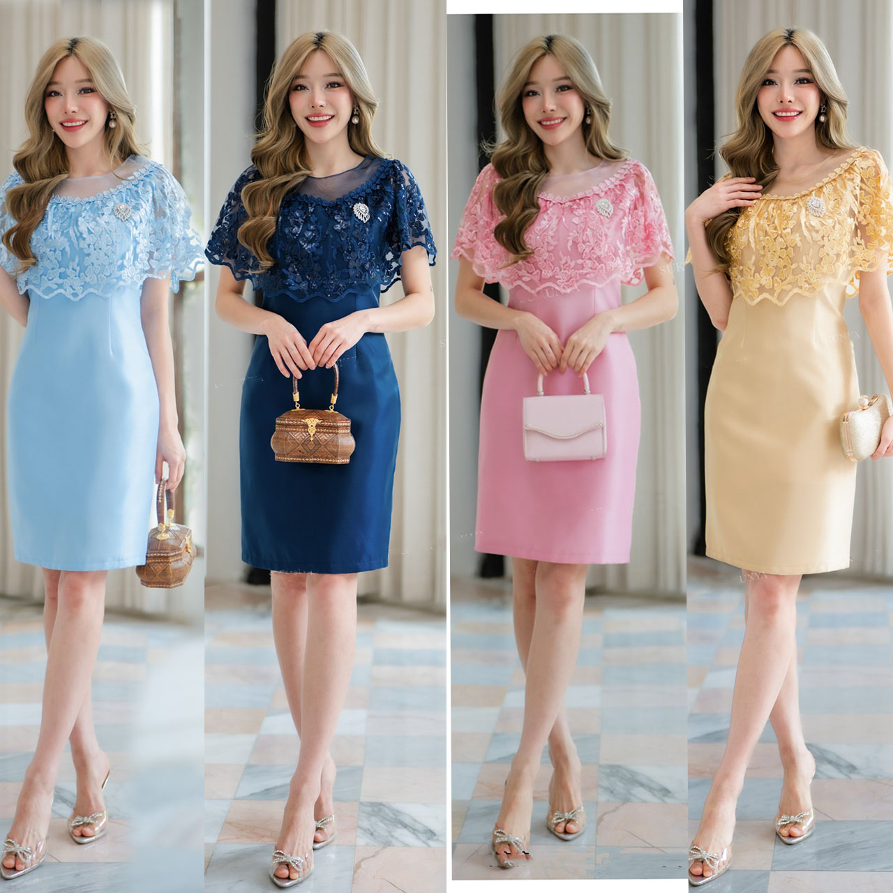 kudapy ชุดเดรสผ้าไหมสีชมพู/สีทอง/สีฟ้า/สีกรม งานอัดกาวทรงสอบผ่าหลังแต่งระบายช่วงตัวคอปาดมีซีทรู