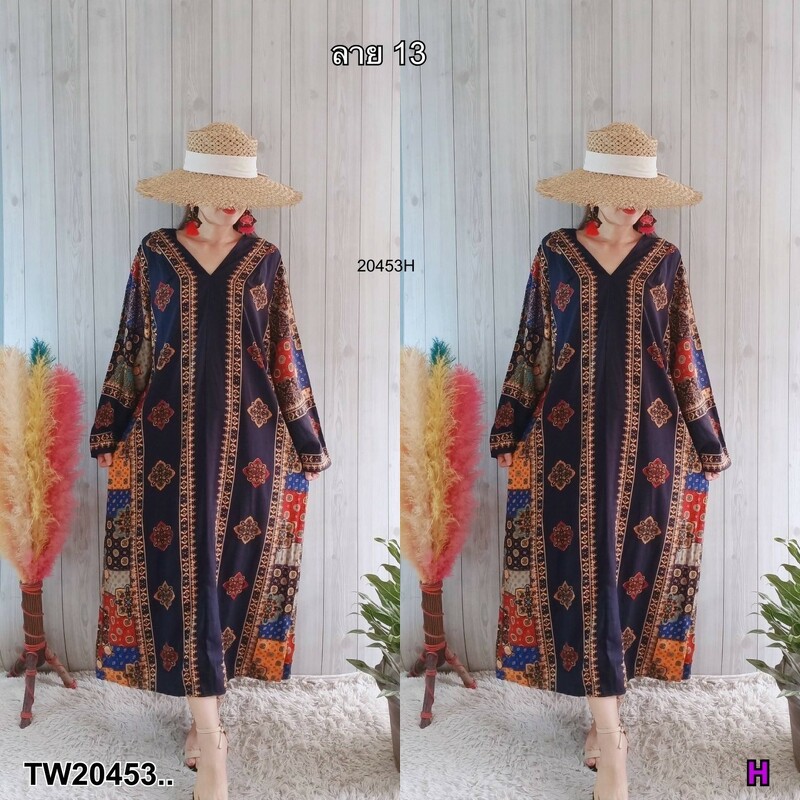 kudapy ชุดเดรสคอวี ทรงปล่อย แขนยาวปล่อยปลายแขนไม่สม็อค ใส่เที่ยวทะเล