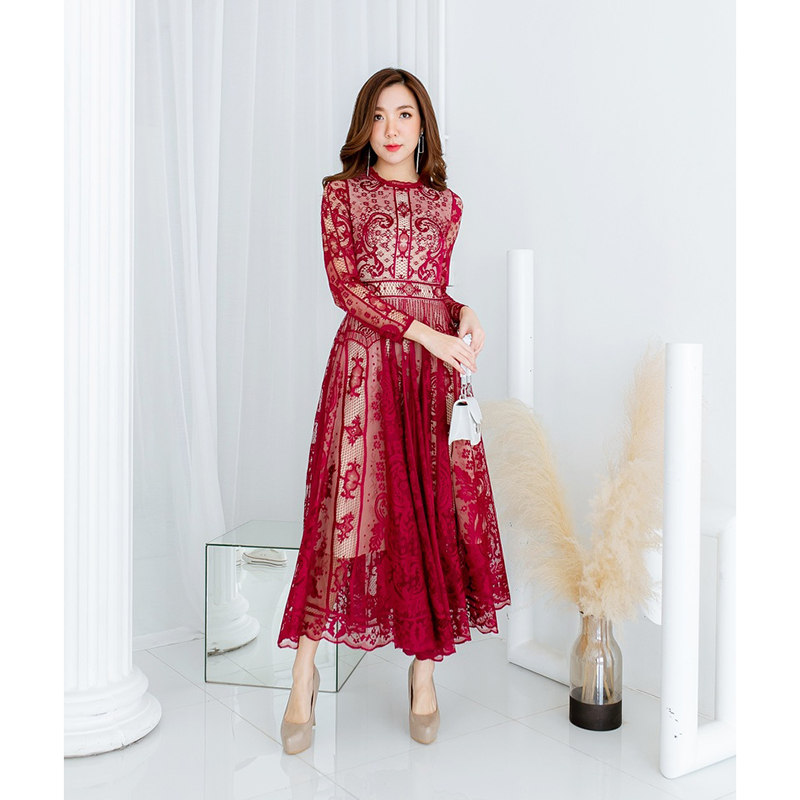 kudapy เดรสยาวสีชมพู/สีขาว/สีกรม/สีแดง แขนยาวผ้าลูกไม้สวยดูดีใส่สบายน่ารักมากๆ