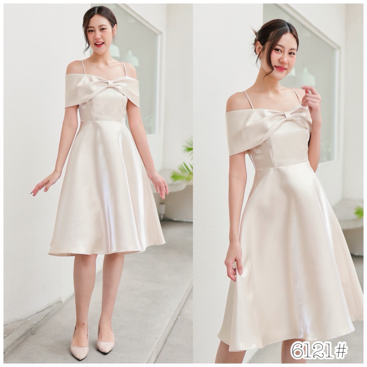 kudapy เดรสสั้นเปิดบ่า โบว์อก กระโปรงบาน เอวสูงความยาวปิดเข่า