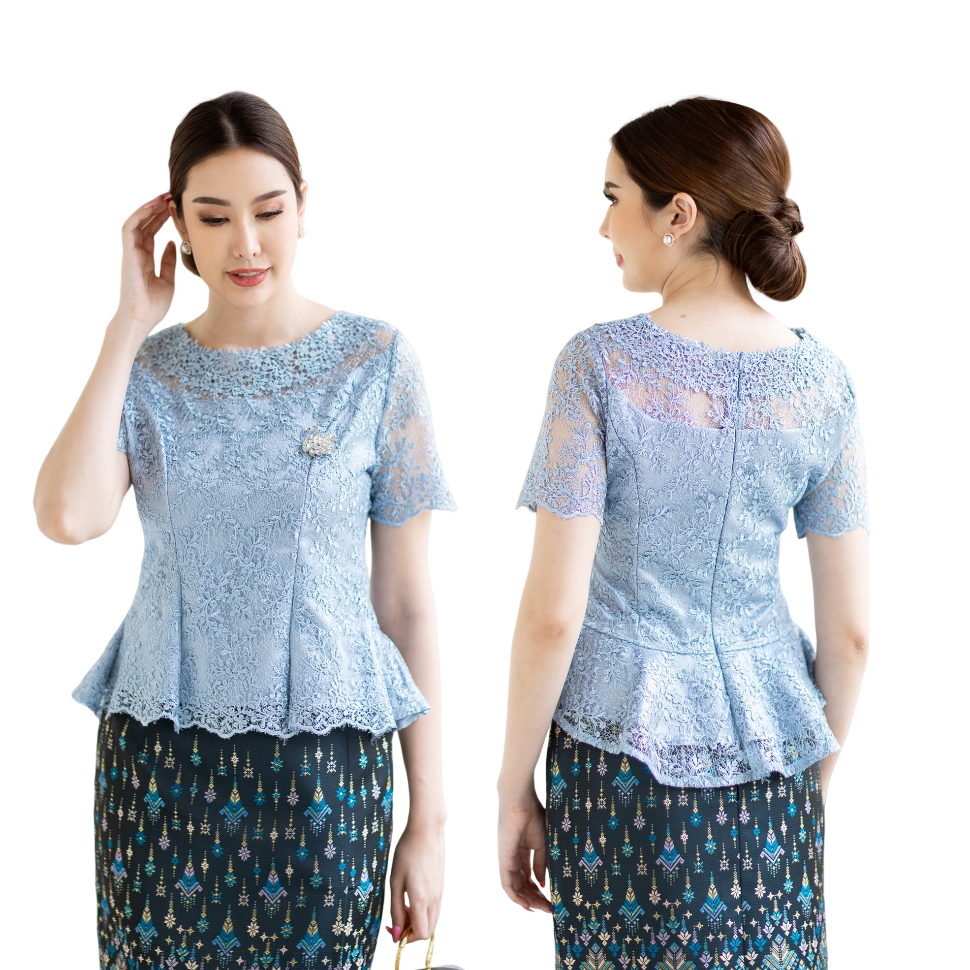 kudapy (เฉพาะเสื้อ) เสื้อลูกไม้ฝรั่งเศษแขนสั้น คอกลม สีโรสโกลด์,สีขาว,สีแดง,สีฟ้า ทรงหน้าสั้นหลังยาวเล็กน้อย มีซับใน ซิบหลังอย่างดี