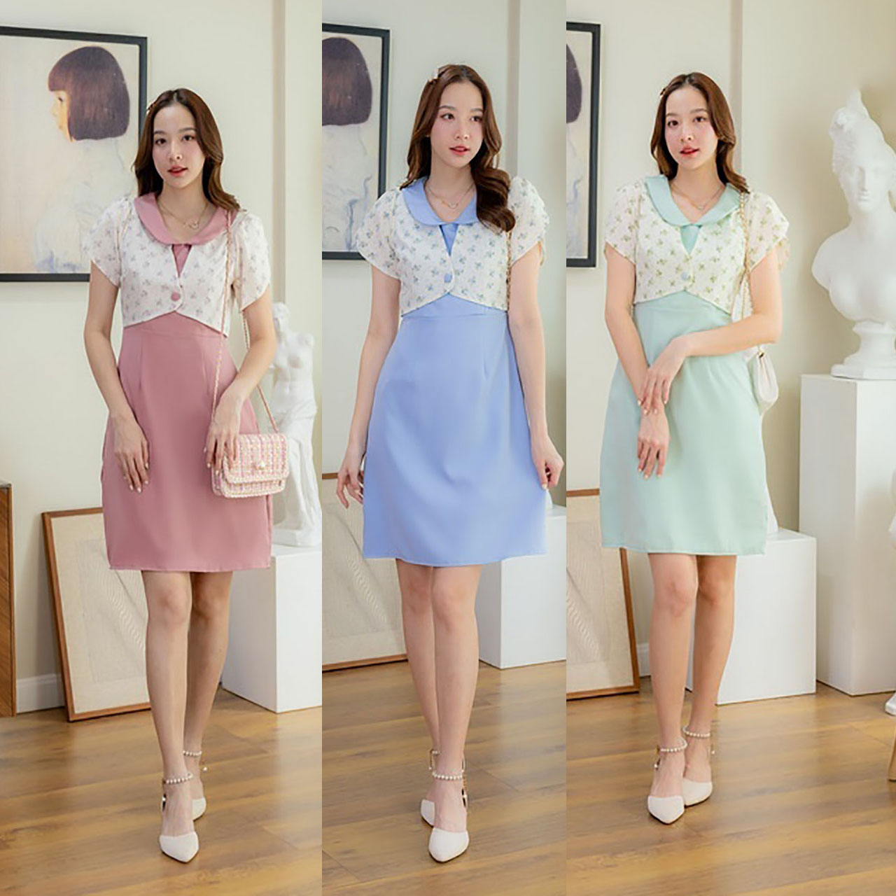 kudapy เดรสสั้นสีชมพู/สีฟ้า/สีเขียว สีพื้นคอปกแต่งเสื้อลายดอกกระดุม 1 ชิ้น