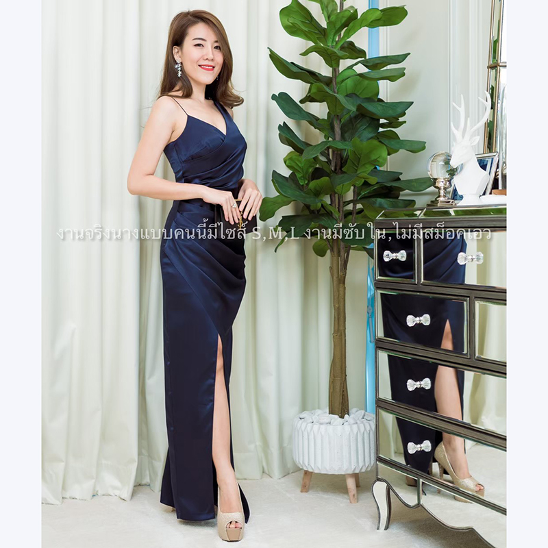 kudapy เดรสยาวใส่ออกงานสีฟ้า ไปงานแต่งงาน สายเดี่ยว เอวจีบข้าง แนวเรียบหรู สวยดูดี ใส่ไปงานแต่งงาน ชุดออกงาน ชุดราตรี