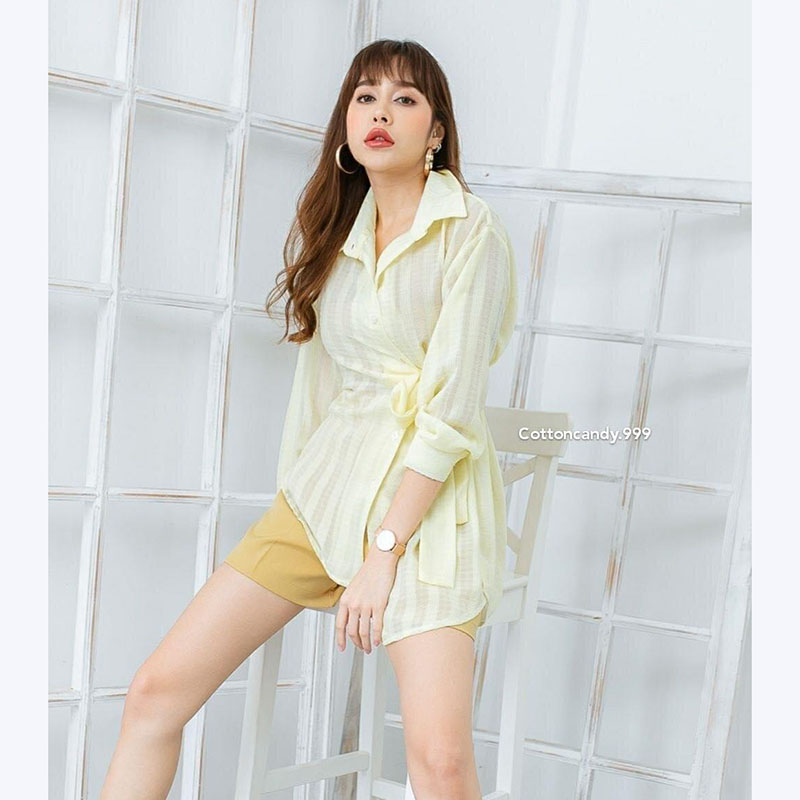 kudapy ชุดเซทสีชมพู,เหลือง เสื้อ+กางเกง เสื้อคอปกผุกเอวดีเทลน่ารัก ผ้ามีเทคเจอร์ในตัว โทนสีสวยมากๆ