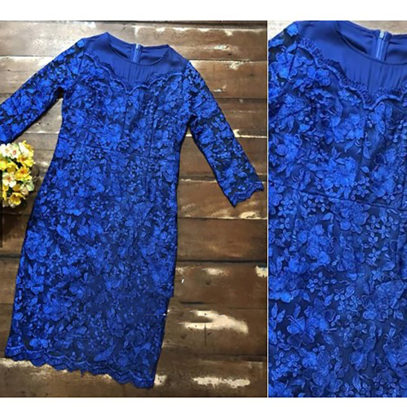 kudapy เดรสสั้นสีน้ำเงิน ลูกไม้ แขนสามส่วน ไหล่ผ้าชีฟอง ผ้าลูกไม้ปักลายดอกไม้สวยมากค่ะ