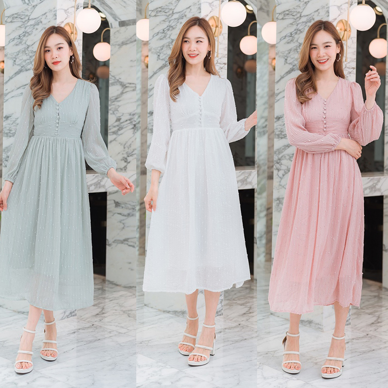 kudapy เดรสยาวสีขาว/สีเขียว/สีชมพู คอวีแขนยาวซีทรู ใส่สบายสวยดูดี