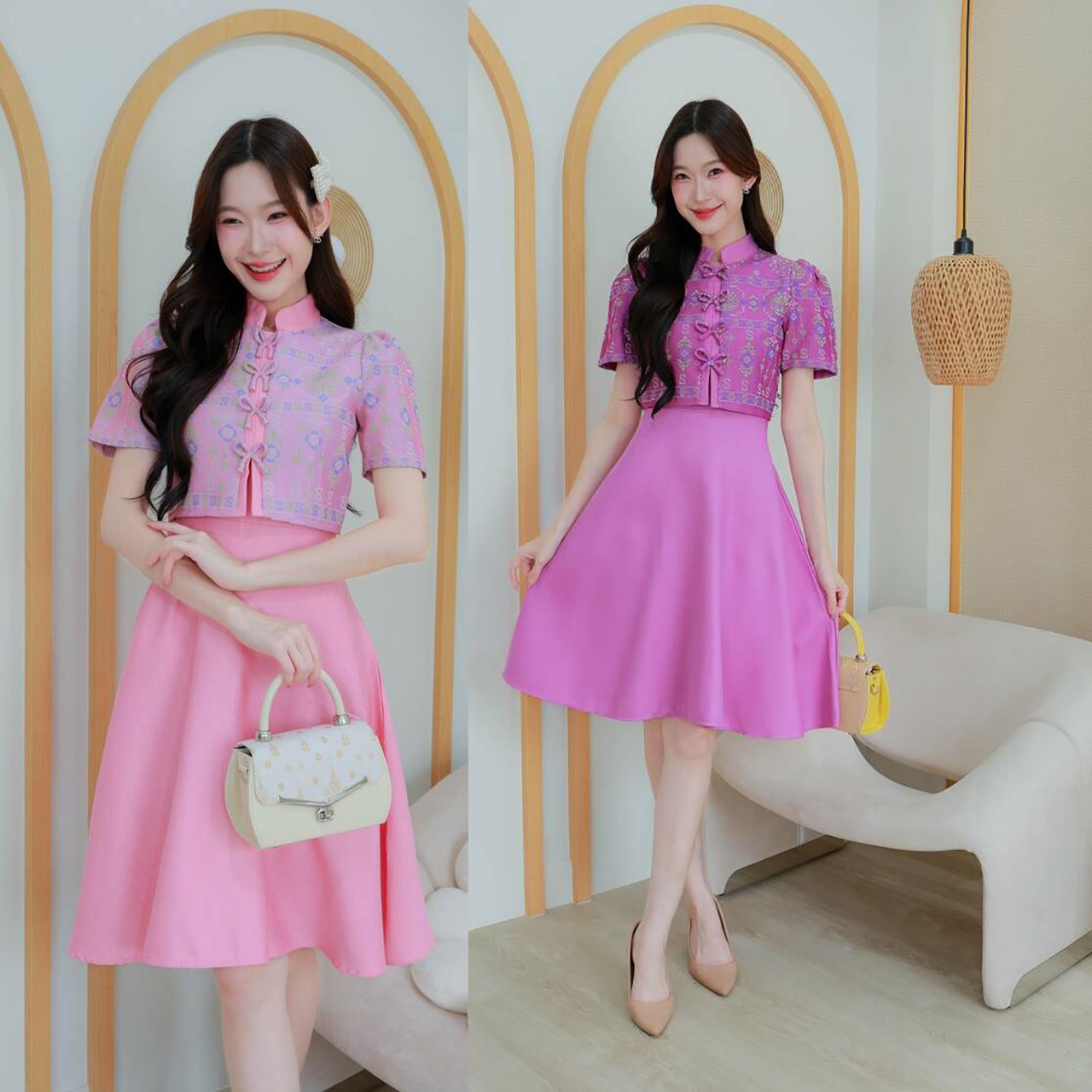 kudapy เดรสสั้นสีชมพู/สีม่วง เสื้อคอจีนแขนตุ๊กตากระดุมโบว์