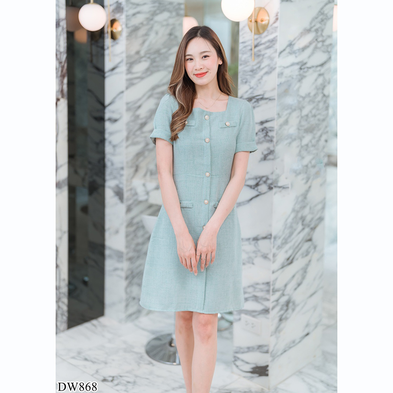 kudapy เดรสสั้นคอลึกสีน้ำตาล/สีชมพู/สีเขียว ทำงานทรงเอคอเหลี่ยมมีกระดุมกลางอก