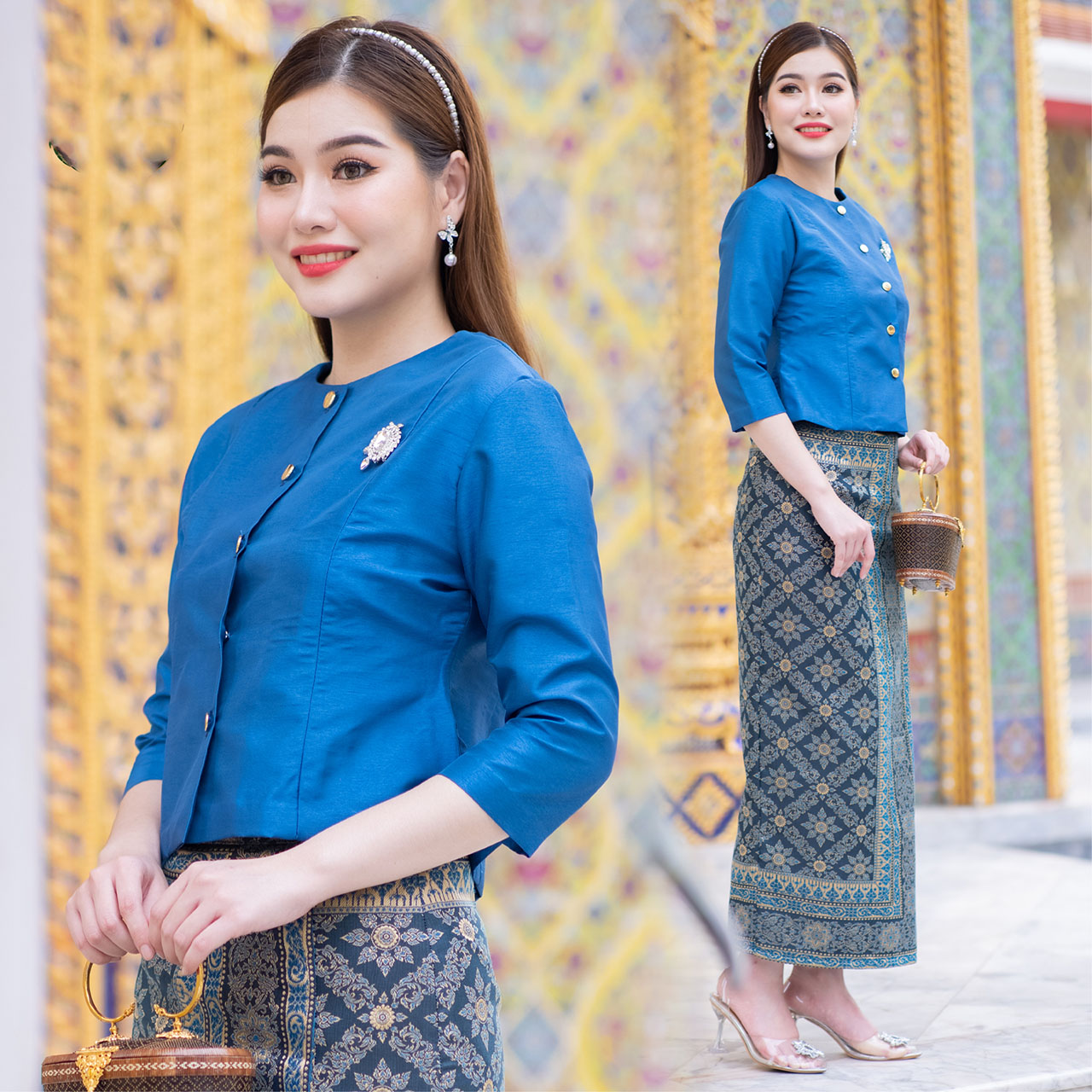 kudapy ชุดเซ็ท เสื้อผ้าไหมแพรทิพย์เกรดพรีเมี่ยมอัดกาว กระดุมทอง+ผ้าถุงเย็บสำเร็จทอลายอัดกาว ตะขอซิปหลัง