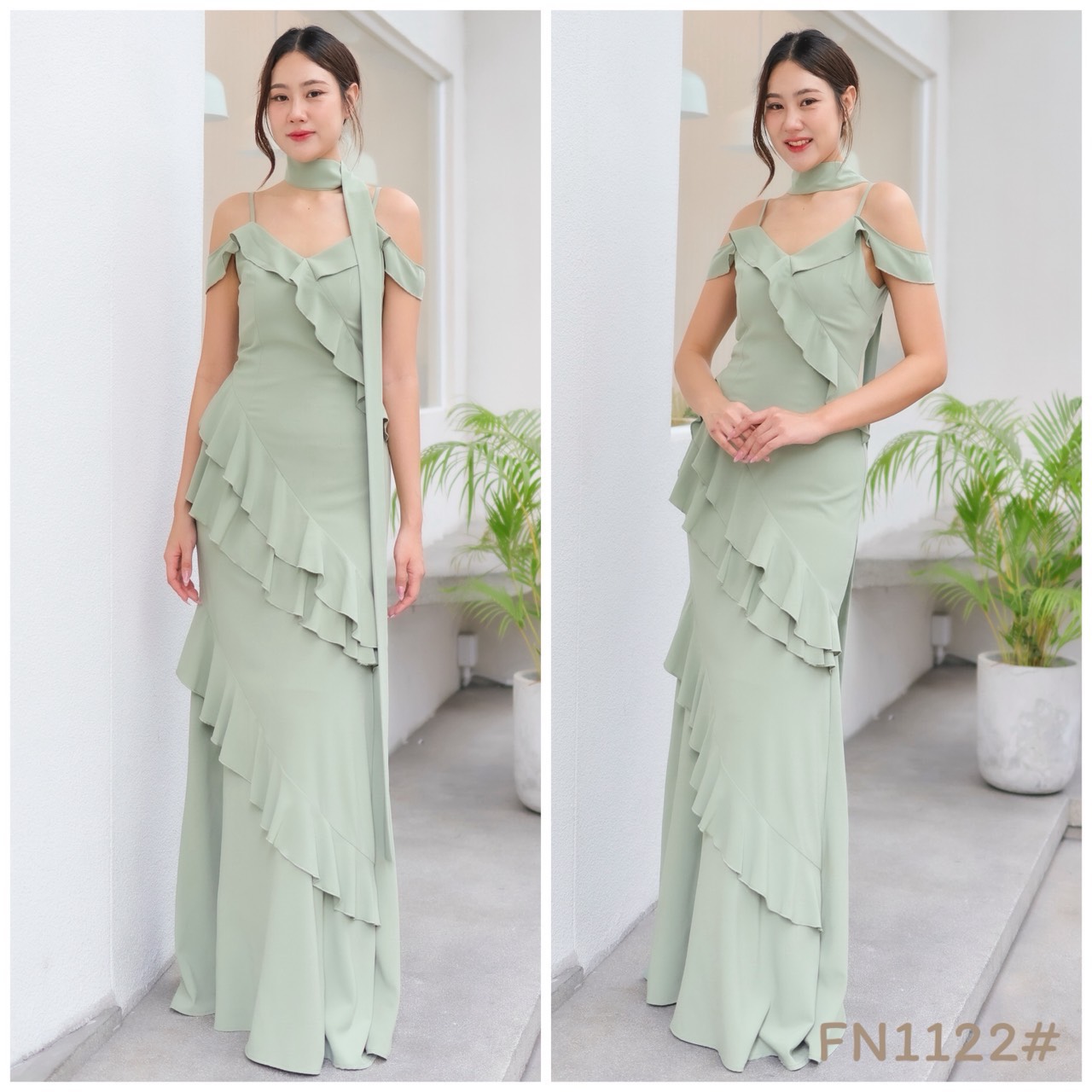 kudapy แม๊กซี่เดรสออกงาน สายเดี่ยวเปิดบ่า ระบายทั้งตัว เนื้อผ้าชีฟองหนา สวยพริ้ว