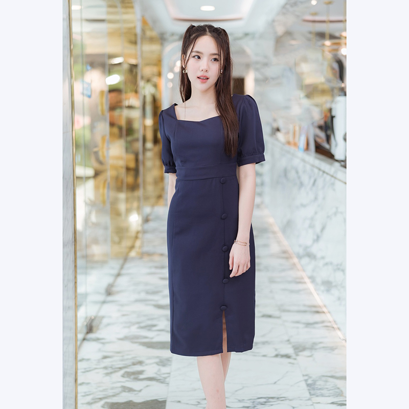 kudapy เดรสสั้นสีกรม,ชมพู ใส่ทำงานแต่งกระดุมสวยดูดี