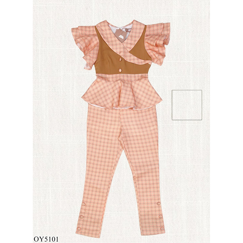 kudapy เซทเสื้อสกอต+กางเกงขายาวลายสกอตสีดำ/สีส้ม