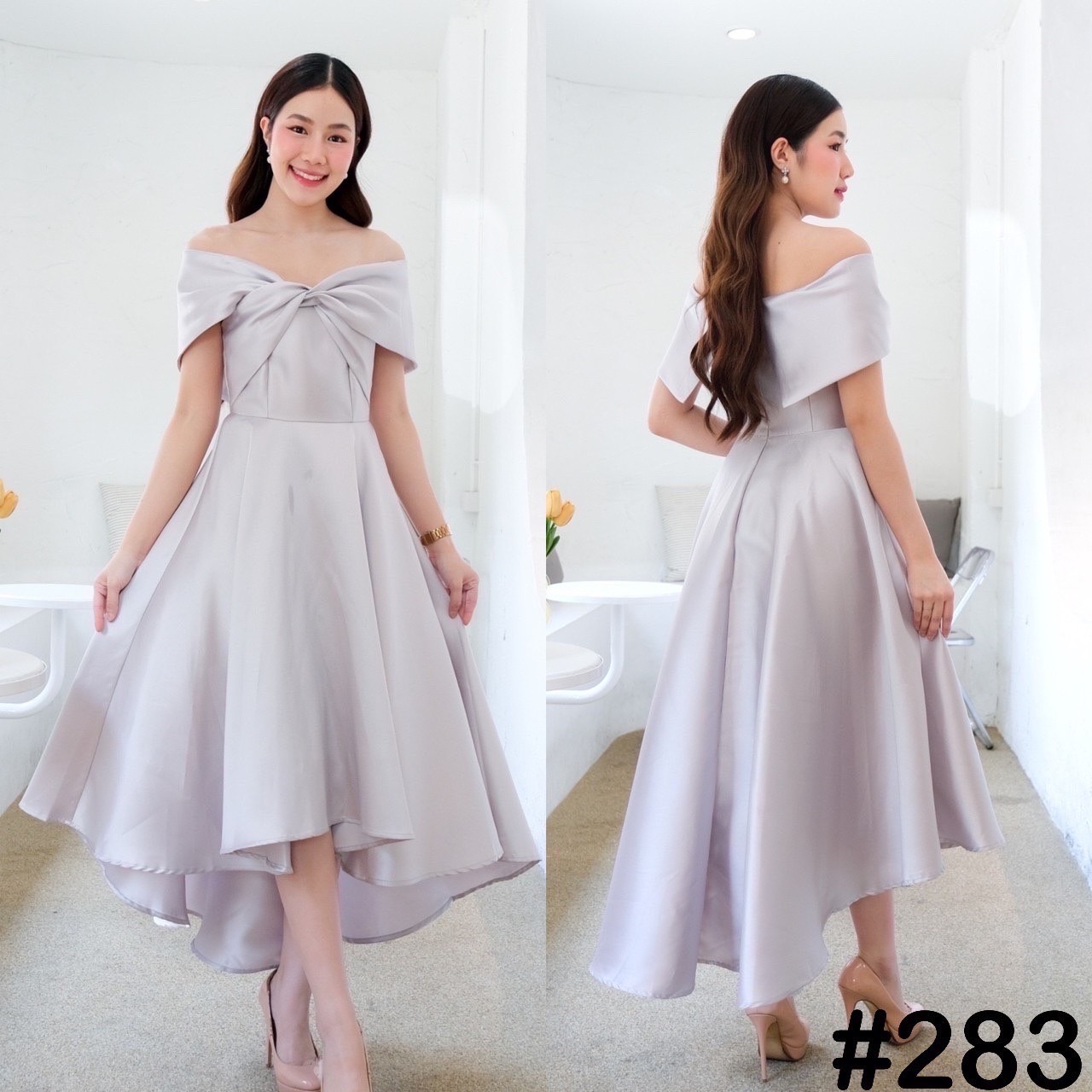 kudapy เดรสหน้าสั้นหลังยาวสีเขียว ทอง เทา ชม กรม แดง โรสโกล ขาว เปิดบ่าTwistอกใหญ่ ปิดพรางซ้อนแขน แบบอลังๆ แต่ไม่เวอร์วัง กระโปรงทรงหน้าสั้นหลังยาว