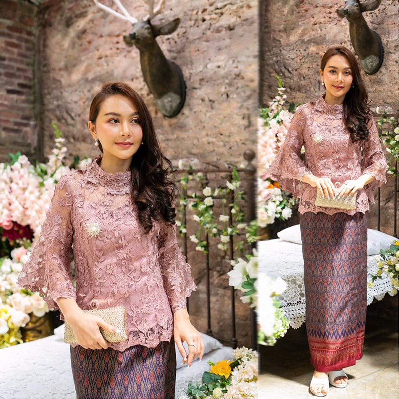 kudapy ชุอเซทเสื้อลูกไม้+ผ้าถุง เสื้อผ้าใยบวบผสมเลื่อมเกรดพรีเมี่ยมสีแดงไวน์/สีชมพูกะปิ ซิปหลัง มีซับทั้งตัว