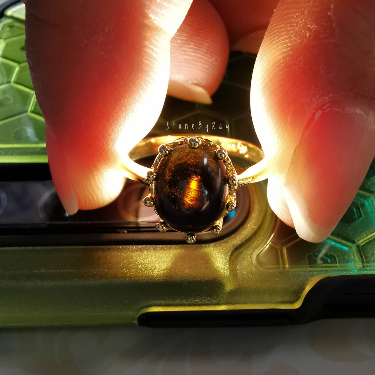 แหวนเงินชุบทอง+หินสะเก็ดดาว Tektite