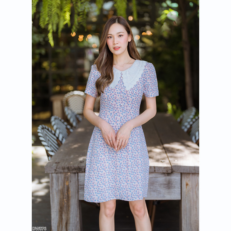 kudapy เดรสสั้นคอปกลูกไม้สีกรม/สีชมพู/สีเหลือง เดรสทำงานลายดอกปกลูกไม้