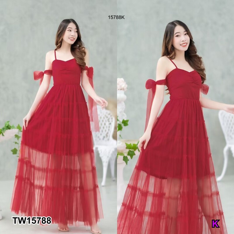 kudapy แม็กซี่เดรสสายสีชมพู น้ำตาล เขียว แดง เดี่ยวตาข่ายทั้งชุด มีซับใน มีสม็อคหลัง ดีแขนแขน 2 ข้าง ผูกโบว์ สีพื้น