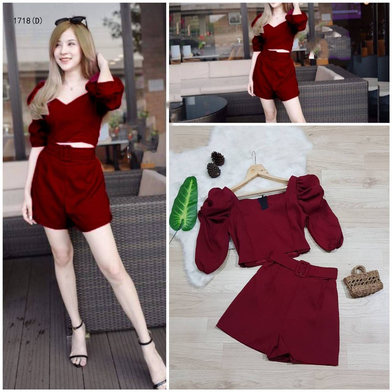 kudapy เซตขาสั้นสีแดง/สีนู้ด/สีขาว 2 ชิ้นเสื้อครอปมีแขน ซิปหลัง+ มาพร้อมกางเกงขาสั้นเอวสม็อกหลัง มีเข็มขัดคาดเอว