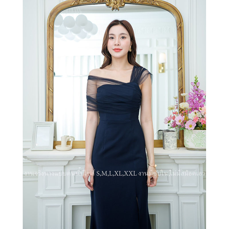 kudapy เดรสยาวสีแดง/สีกรม สไตล์เรียบหรูดูแพง ไหล่แต่งผ้าซีทรู กระโปรงยาวผ่าหน้า เหมาะสำหรับใส่เป็นชุดราตรี ชุดไปงานแต่งงาน ชุดเพื่อนเจ้าสาว