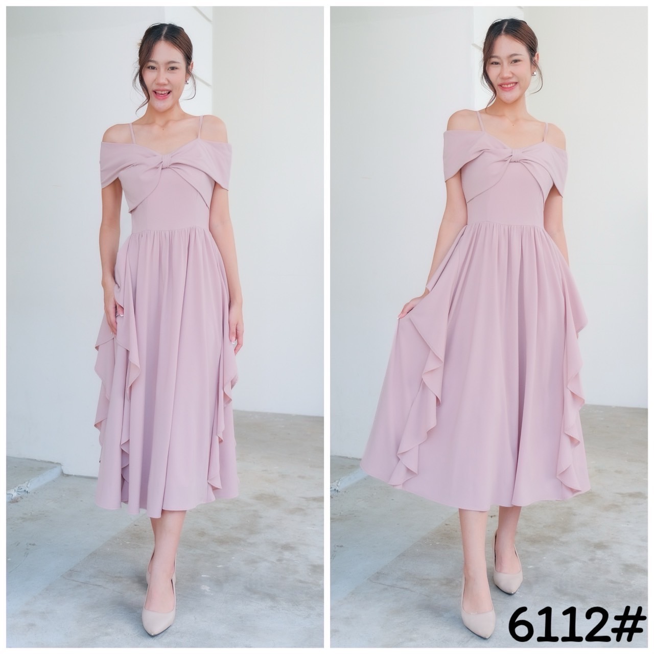 kudapy เดรสสั้น เดรสออกงานสุดพริ้ว เดรสเปิดบ่า ปิดแขน อกโบว์ กระโปรงบานพริ้ว แต่งริ้วด้านข้าง