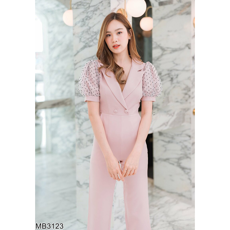 kudapy จั้มสูทขายาวสีเขียว/สีชมพู แขนตุ๊กตาลายจุด ผ้าสวยใส่สบายดูดี