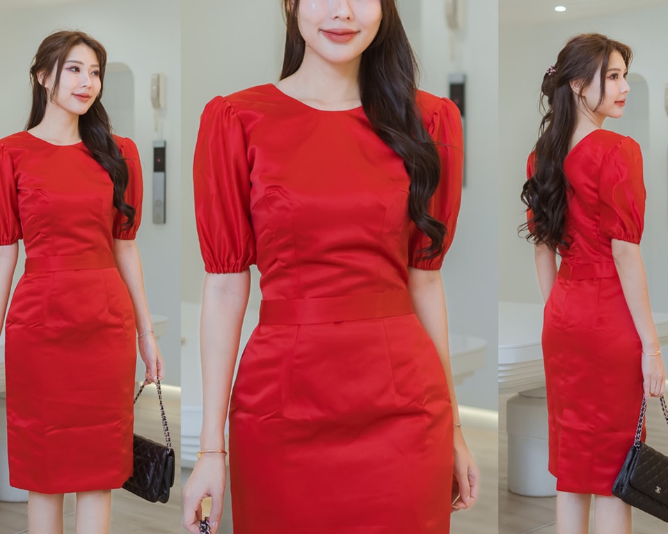 kudapy ชุดเดรสทรงสอบ คอกลม ผ่าหน้า แขนตุ๊กตา ชุดมีซับใน ซิบหลังค่ะ