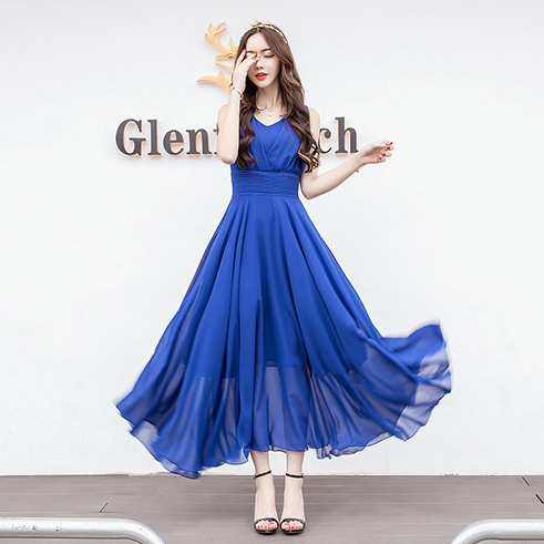 kudapy แม็กซี่เดรสยาวคอวีสีชมพูโอรส/สีม่วง/สีขาว/สีเขียวเข้ม/สีน้ำเงินสด เดรสยาวแขนกุด ผ้าชีฟองทิ้งตัว พริ้วมากค่ะรุ่นนี้ใส่ไปทะเล ไปงานได้น้าา