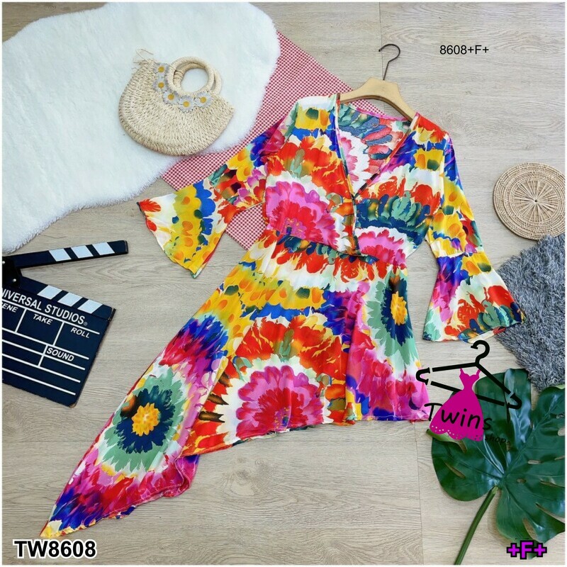 kudapy เดรสสั้น ชายเฉียงระบายชายหางปลาแบบจัดเต็ม ผ้าพริ้ว แขนยาวปลายแขนระบาย