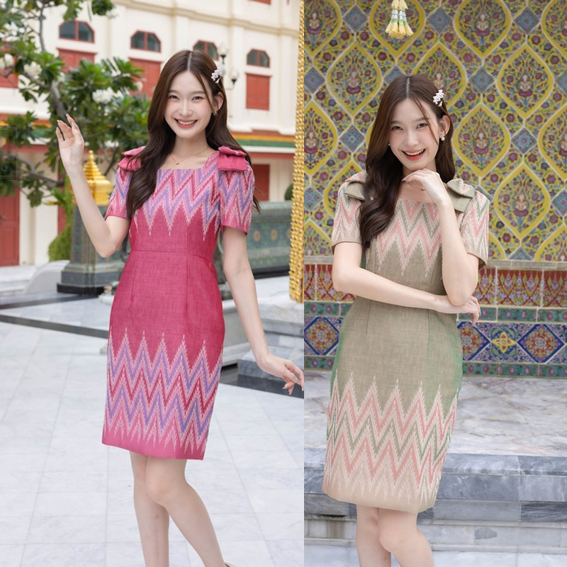 kudapy เดรสสั้นสีเขียว ทรงสอบไหล่โบว์ผ้าทอ แขนสั้น แต่งโบว์ตรงไหล่ ใส่ออกงาาน สวยดูดี