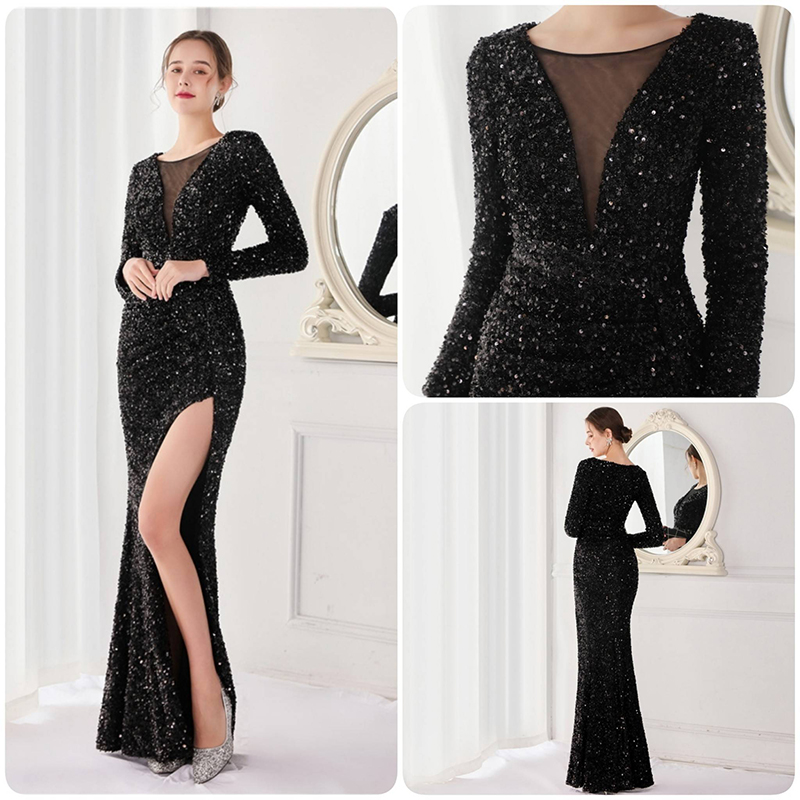 kudapy ชุดราตรียาวคอกลมแต่งวีโชว์เซ็กซี่ สีแดงเบอร์กันดี้,สีเขียว,สีชมพูโรสโกลด์,สีดำ,สีเทาเงิน ผ้ากริสเตอร์ทอแสง