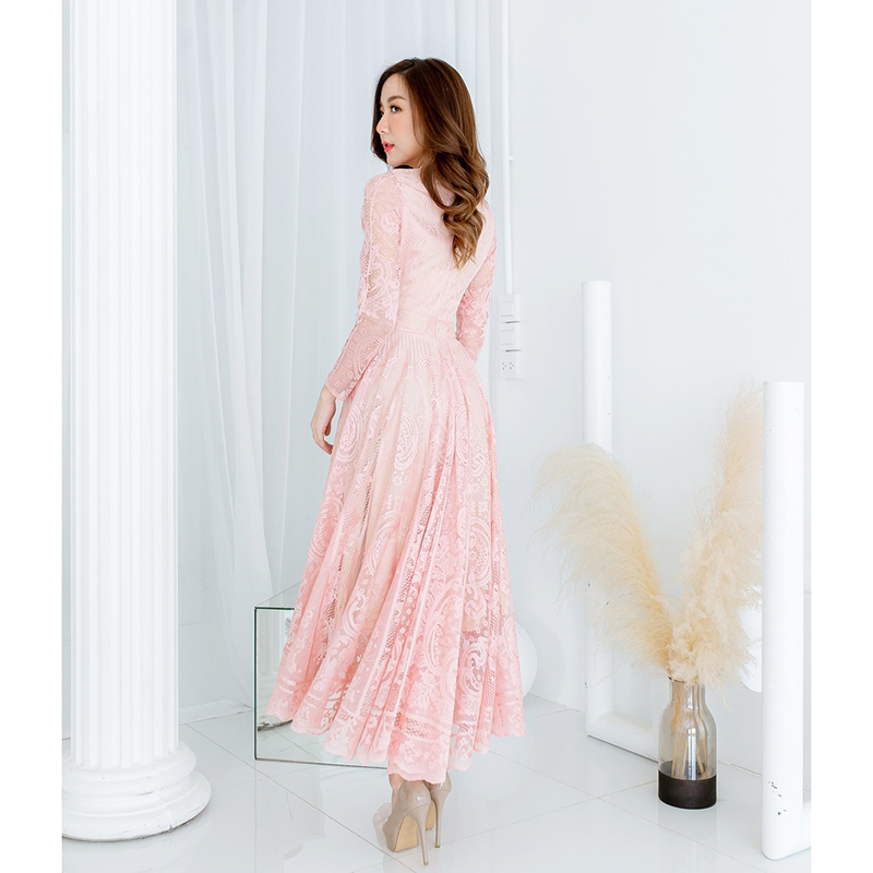 kudapy เดรสยาวสีชมพู/สีขาว/สีกรม/สีแดง แขนยาวผ้าลูกไม้สวยดูดีใส่สบายน่ารักมากๆ