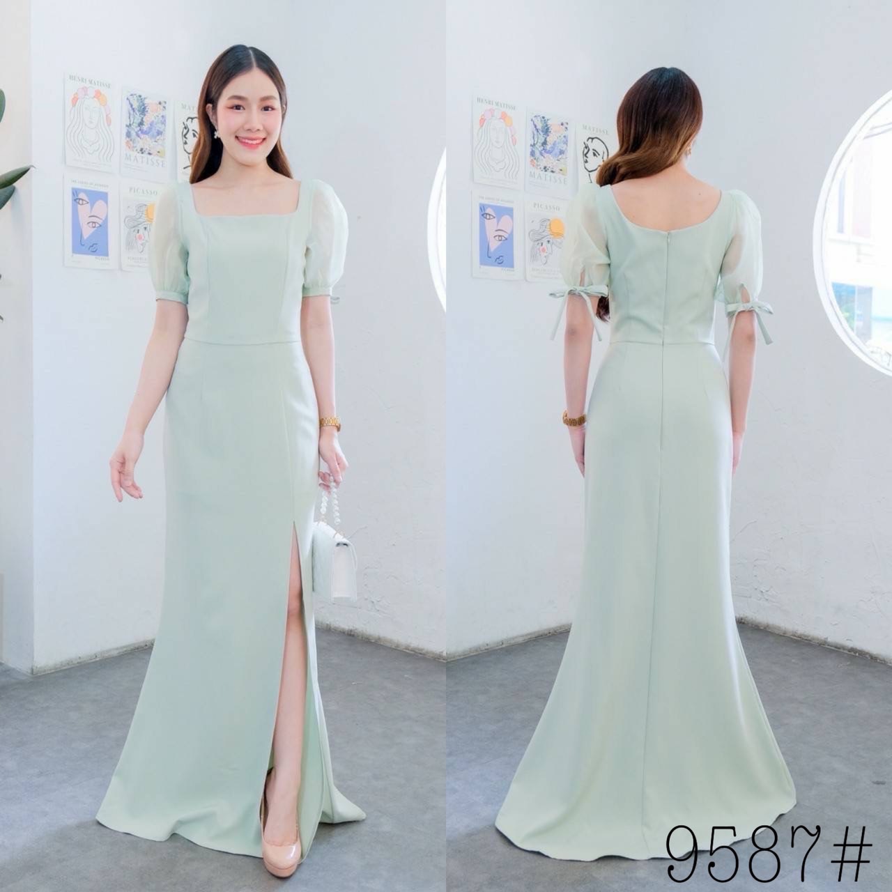 kudapy เดรสยาวออกงานสีครีมงาช้าง/เขียวพิตาชิโอ้/ชมพูอ่อน/ชมพูเข้ม/กรมท่า คอเหลี่ยม แขนตุ๊กตา ผูกโบว์ปรับขยายไซส์แขนได้ หรือ ดึงไหล่ลงแบบเปิดบ่า กระโปรงหางปลา