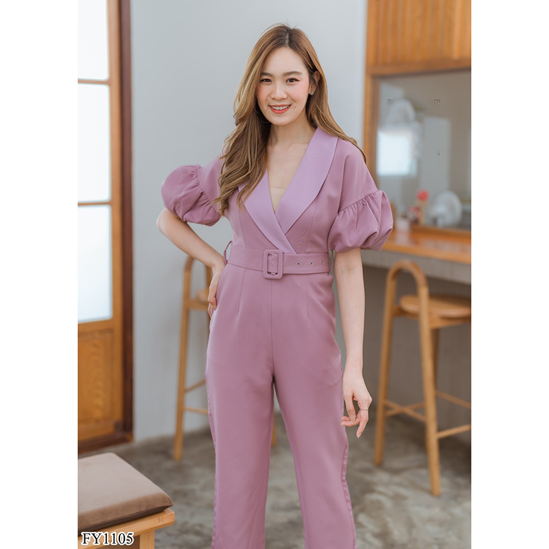 kudapy จั้มสูทขายาวสีชมพู/สีน้ำตาล คอปกแขนตุ๊กตากางเกงขายาวบาน