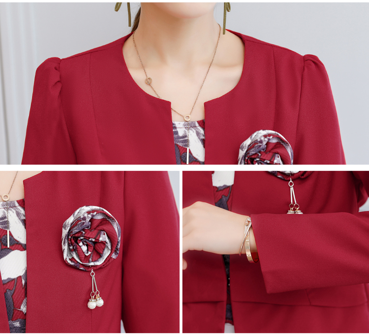 เซ็ท 2 ชิ้น เสื้อสูทแขนยาว+เดรสสั้นแขนกุดสีแดงลายดอก ผ้าคอตตอนผสมโพลีเอสเตอร์ มีซับใน ซิบหลังอย่างดีค่ะ
