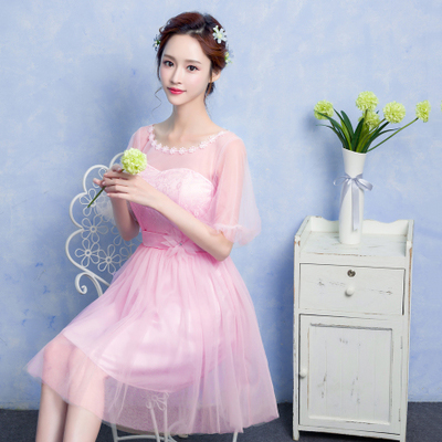 kudapy ชุดราตรีสั้นสีชมพู/สีม่วง คอกลม ช่วงบนประดับด้วยผ้าลูกไม้ แขนพองๆ2ชั้น