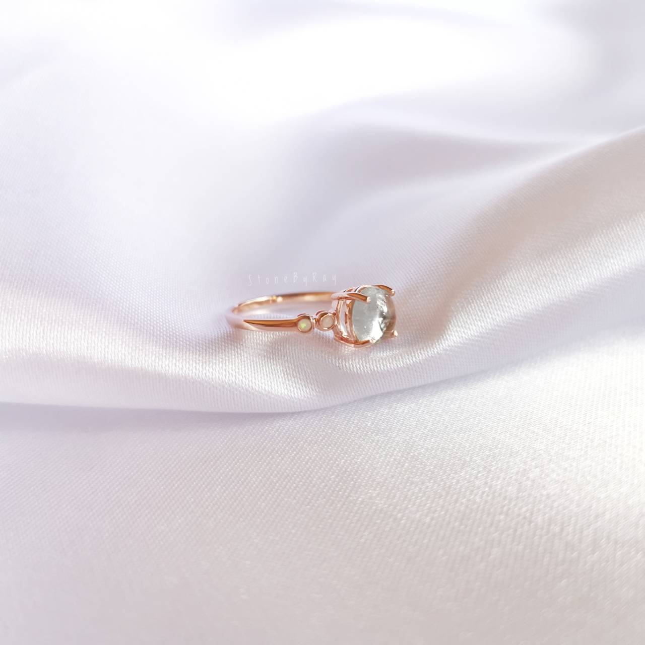 แหวนเงินชุบพิ้งโกลด์พลอยอความารีน+พลอยโอปอล Aquamarine+Opal