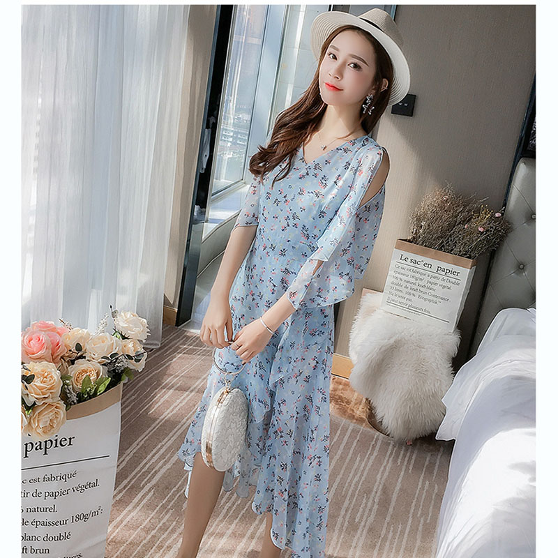 kudapy เดรสสั้นสีฟ้า ผ้าชีฟอง ลายดอกไม้เล็ก แขนกว้าง กระโปรงหน้าสั้นหลังยาว สวยสดใส